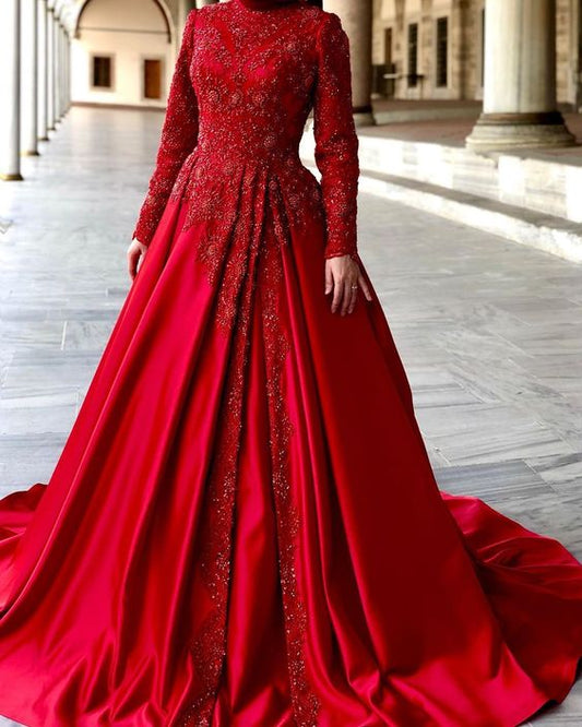 rotes Ballkleid Brautkleider Spitze lange Ärmel Ballkleid cg16248
