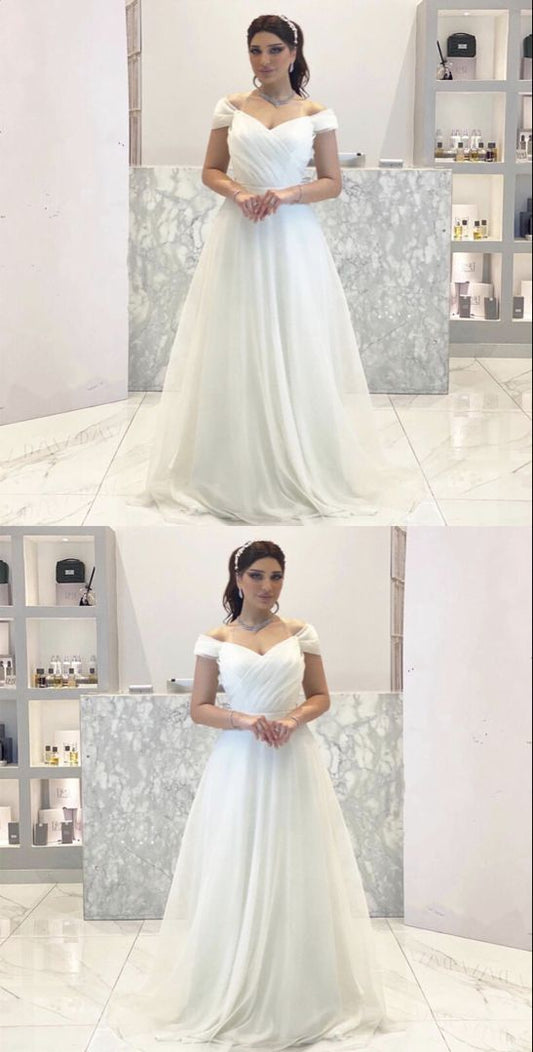 Günstige Boho Brautkleider Chiffon Plissee Brautkleid von der Schulter für Damen Ballkleid cg16249