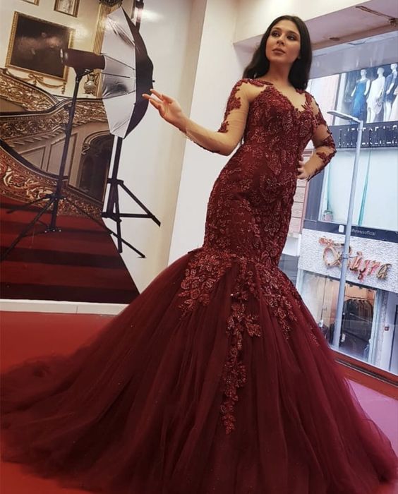 Sheer Neckline Lace Beaded Tulle Mermaid prom Dresses With Sleeves cg16251