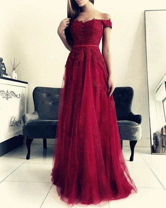 Lace Appliques Off Shoulder Tulle Bridesmaid Dresses Long prom Dresses cg16253