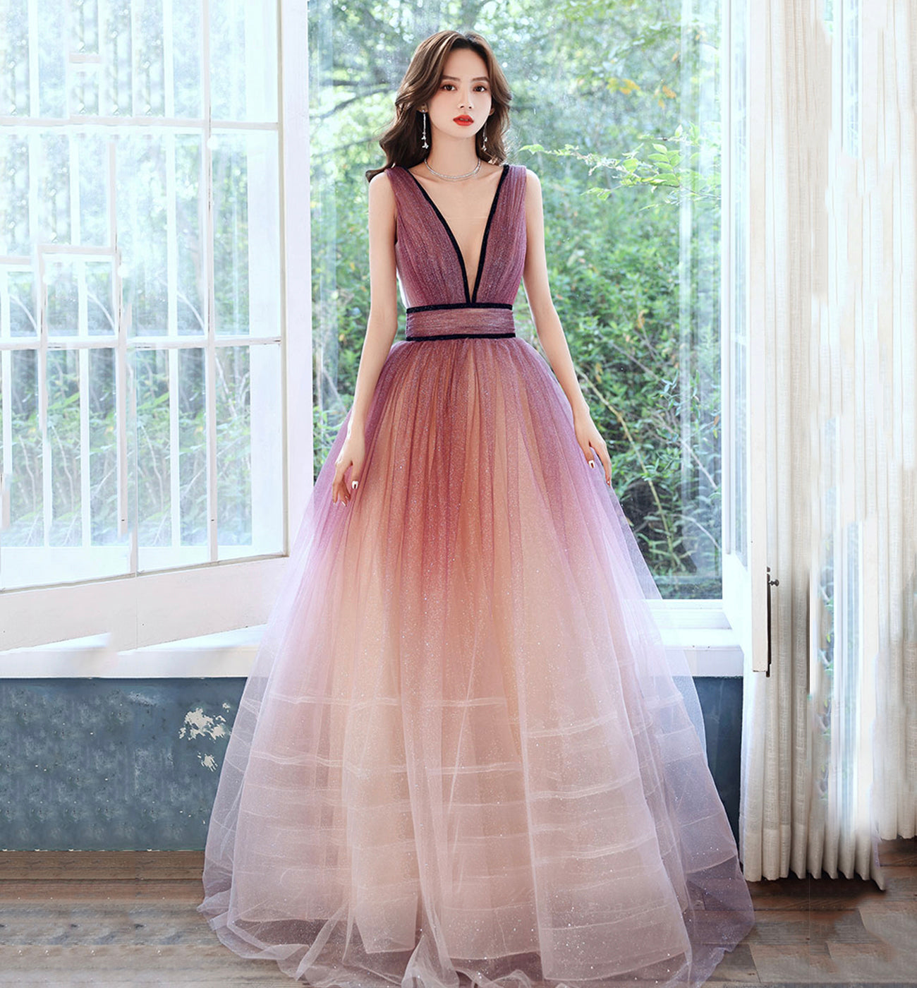 PINK V NECK TULLE LONG PROM DRESS EVENING DRESS cg16256