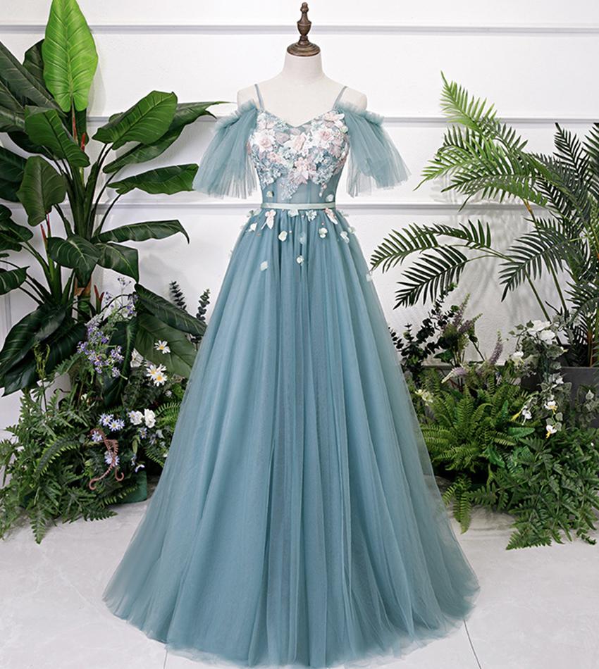 Beautiful Green Tulle Off Shoulder Party Dress, A-Line Prom Dress With Flowers cg16282