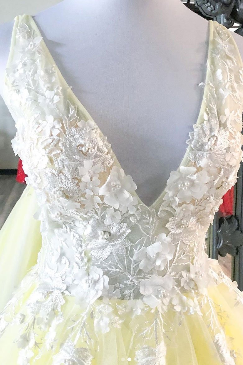 Yellow v neck tulle lace long prom dress yellow formal dress cg16283