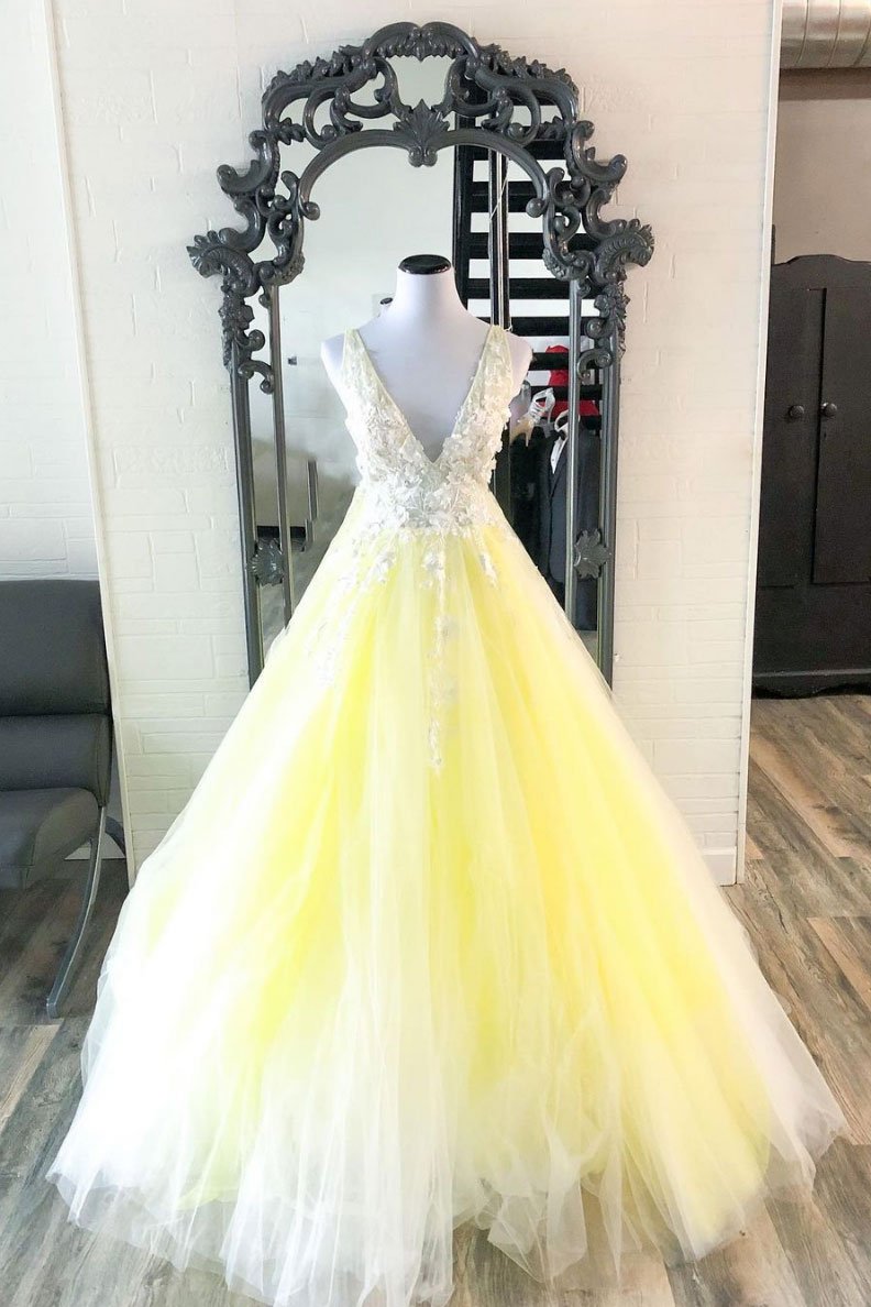 Yellow v neck tulle lace long prom dress yellow formal dress cg16283