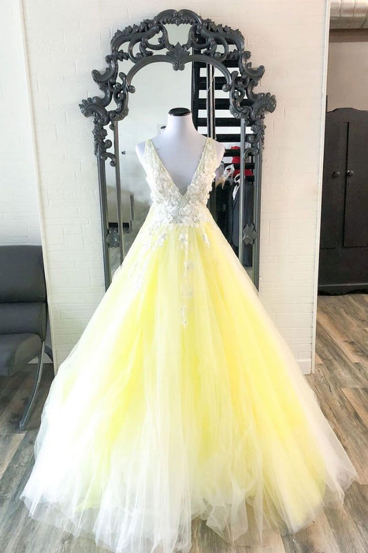 Gelbes langes Ballkleid aus Tüllspitze mit V-Ausschnitt, gelbes Abendkleid, cg16283