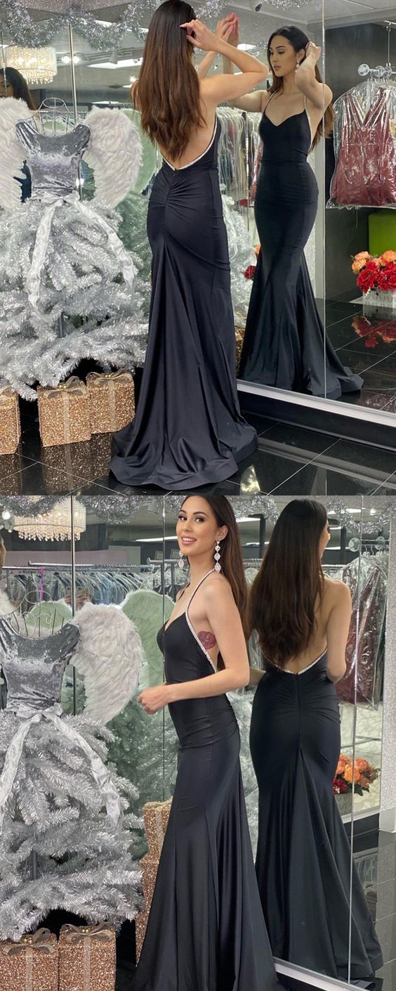 Simple Halter Black Mermaid Satin Prom Dress with Beading cg16288