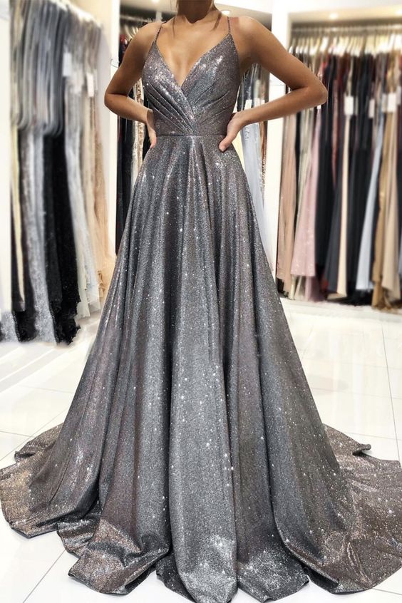 Shiny A line satin long prom dress gray evening dress cg16298