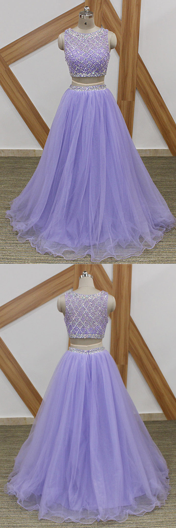 Lavender Tulle Long Beaded Two Pieces Prom Dress, Custom Made Arabic Party Gown cg16312