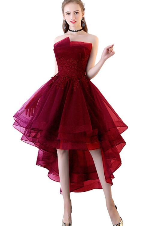 Chic High Low Dark Red Tulle Short Prom Dress With Lace Applique, Tulle Prom Dress cg16318
