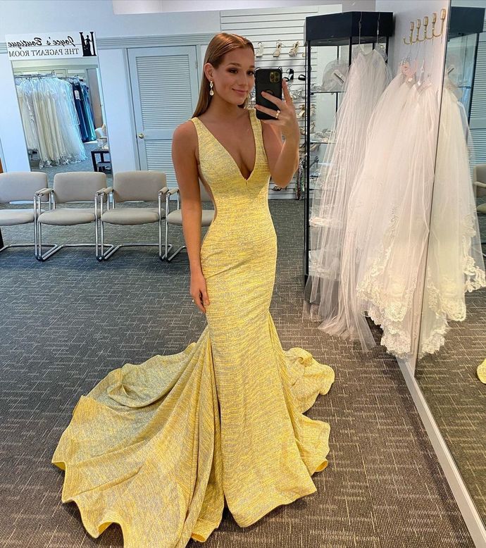Plunge Yellow Mermaid Evening Dress prom dress cg16327