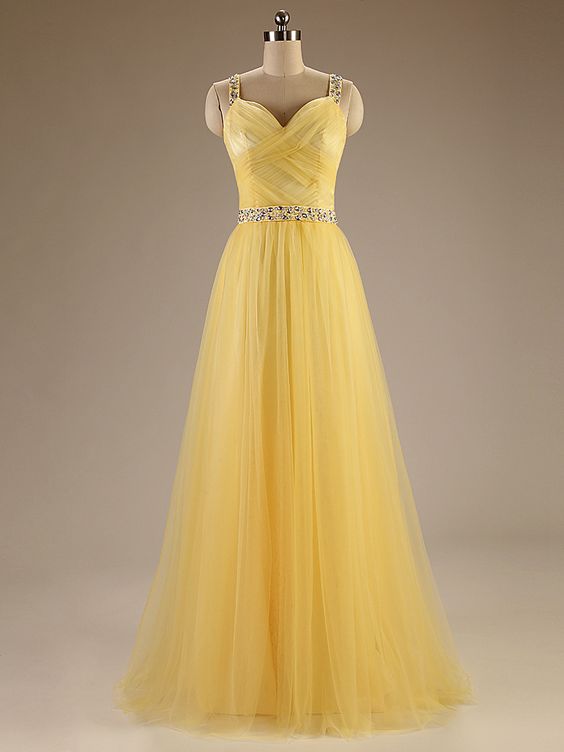 Spaghetti Straps Long Tulle Evening Gowns,Charming Long Prom Dresses,Yellow Dresses cg16336
