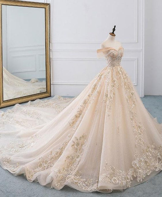 Champagner schulterfreies langes Brautkleid aus Tüllspitze, Brautkleid, Ballkleider cg16350