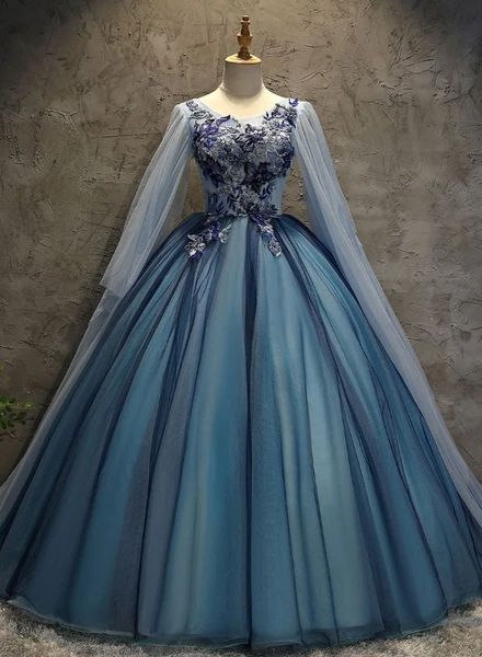Blue Tulle Ball Gown Long Sweet 16 Dress With Lace Applique, Prom Dress cg16360
