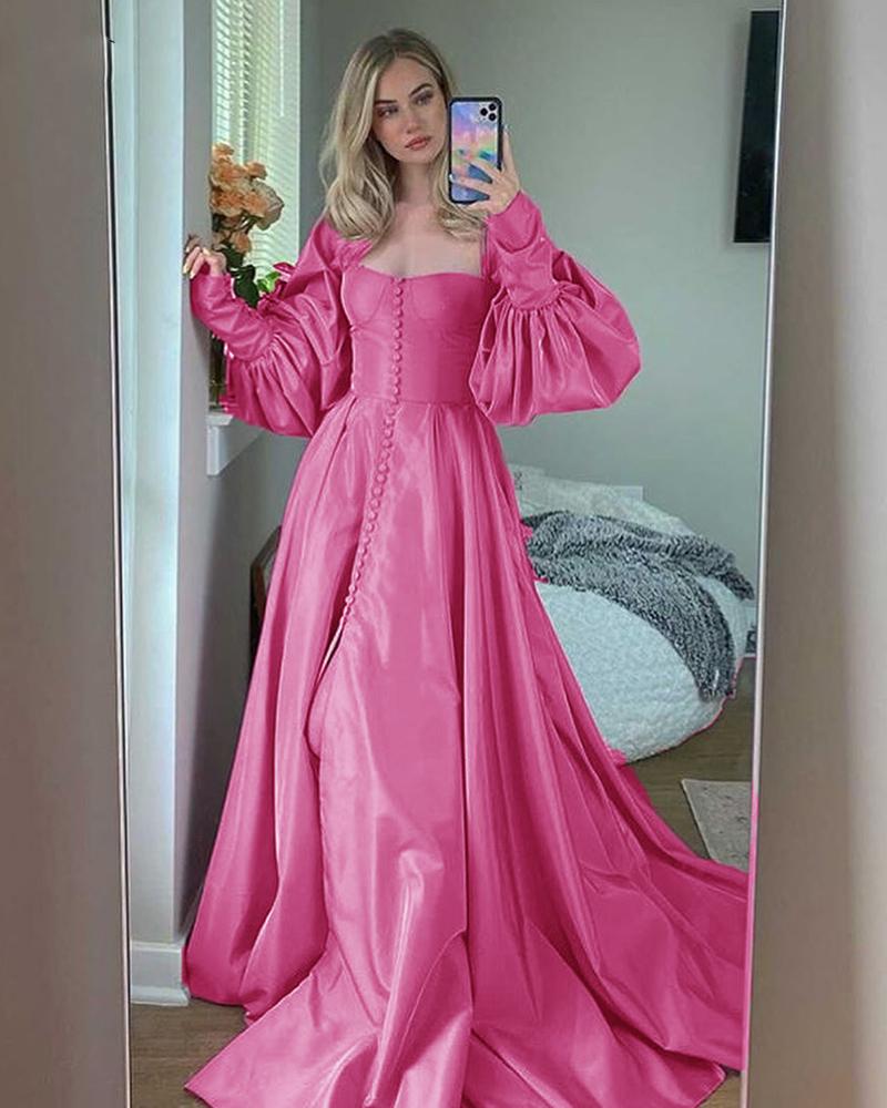 Princess A Line Satin Baby Blue /Pink Bishop Sleeves Prom Party Dresses with Slit Formal Gowns Buttons cg16369