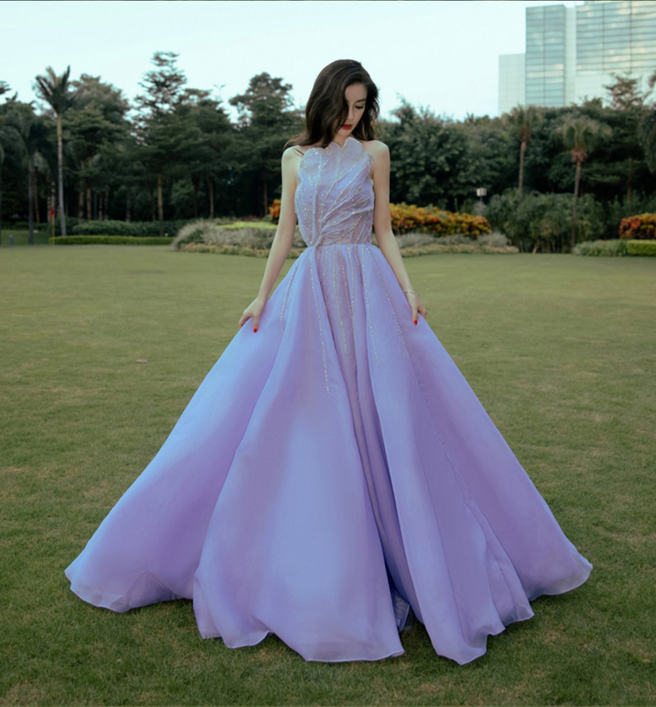 UNIQUE TULLE LONG LILAC PROM DRESS A LINE EVENING DRESS cg16370