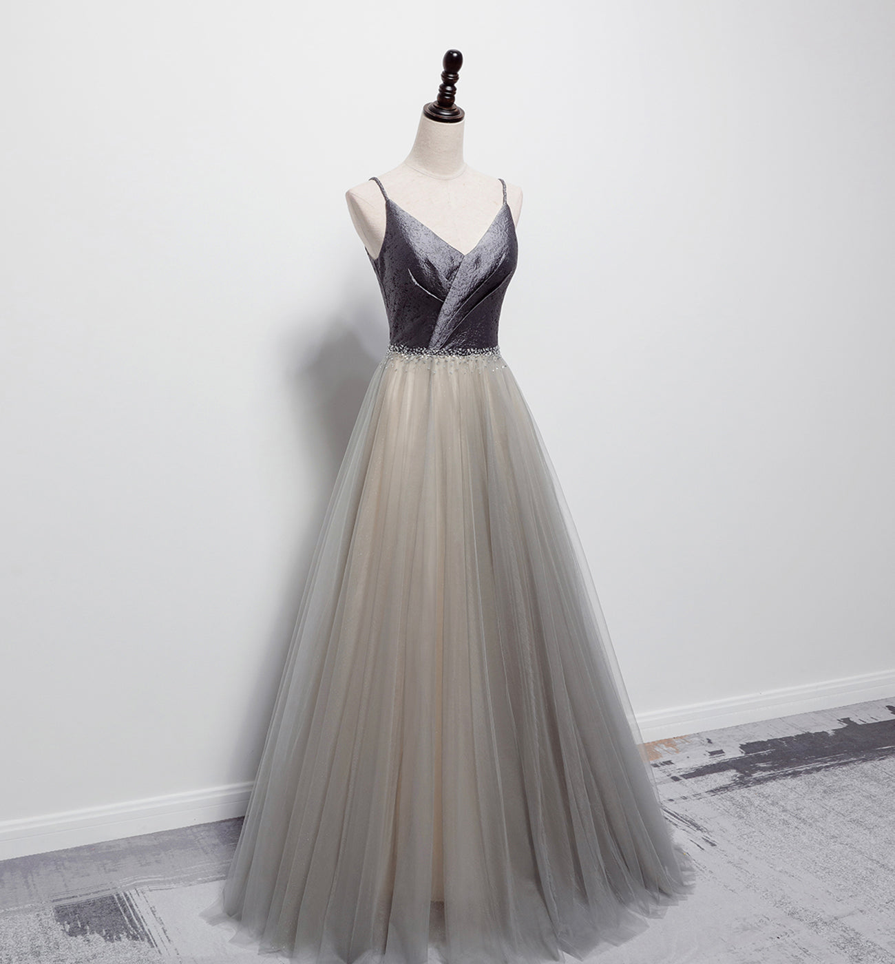 GREY V NECK TULLE LONG PROM DRESS EVENING DRESS cg16371