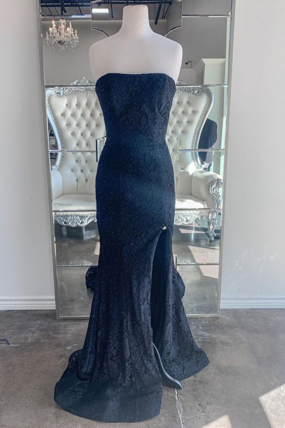 strapless black lace long evening prom dress with slit cg16372