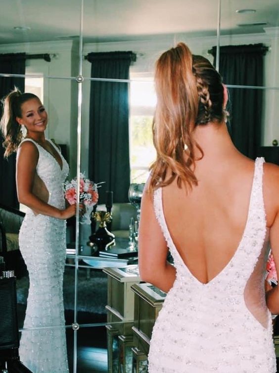 white mermaid backless long formal dress of year 12, prom dress cg16375