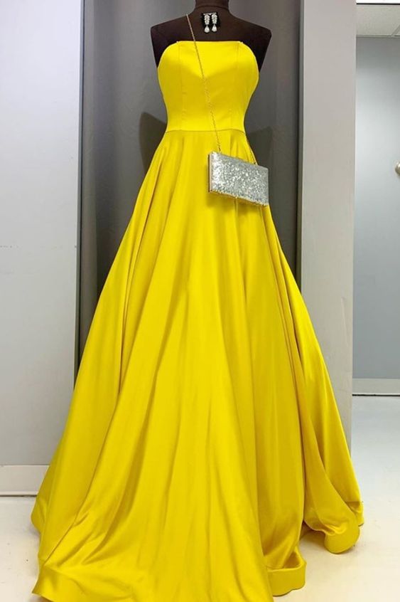 2021 a-line yellow long prom dress with strapless cg16376