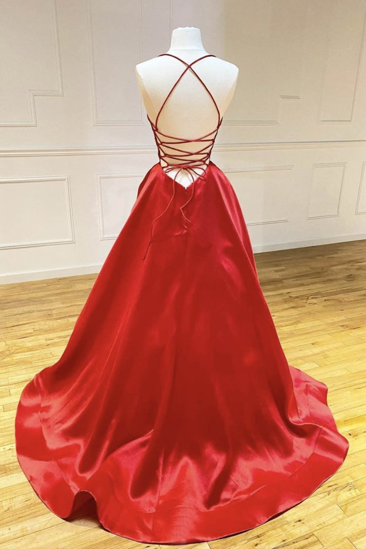 Red satin long prom dress simple evening dress cg16384