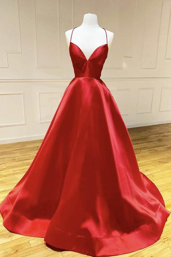 Red satin long prom dress simple evening dress cg16384