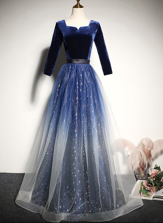 Blue Gradient Tulle With Velvet Long Sleeves Bridesmaid Dress, Long Prom Dress cg16386