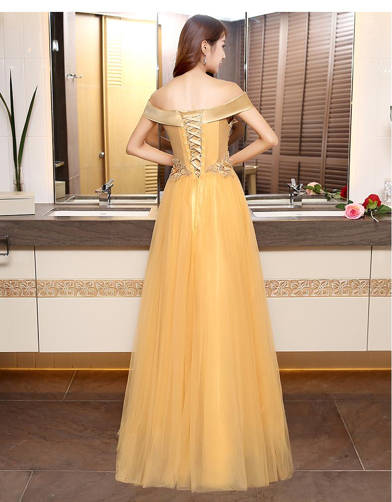 Beautiful Gold Off Shoulder Long Tulle Junior Prom Dress, Lace-Up Evening Dress cg16387
