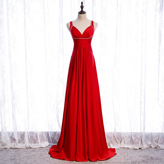 Schickes rotes Satin-Perlen-Bodenlänge-Partykleid, rotes formelles Kleid 2021 Ballkleider Brautjungfernkleid cg16389