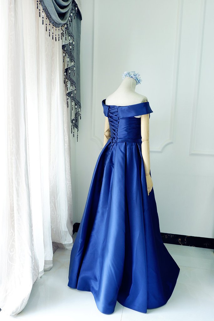 Off Shoulder Blue Satin Floor Length Party Dress, A-Line Junior Prom Dress cg16390