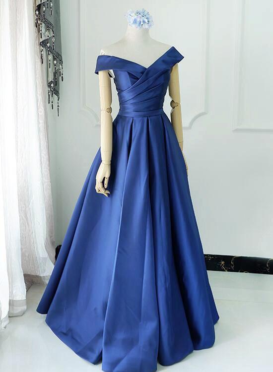 Off Shoulder Blue Satin Floor Length Party Dress, A-Line Junior Prom Dress cg16390