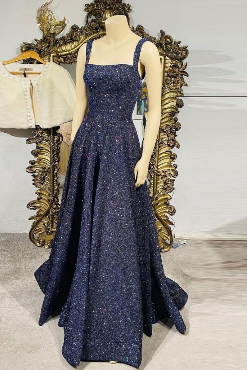 Dark blue sequin long prom dress , blue evening dress cg16391