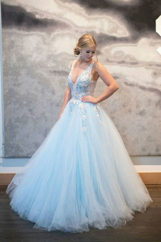 Blue v neck tulle lace long prom dress blue tulle formal dress cg16396