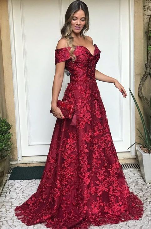 Burgundy off the shoulder lace full length dark red elegant prom dresses cg16402