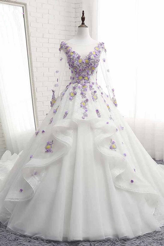 White Tulle Ruffles Long 3D Flower Lace Applique Prom Dress, Quinceanera Dress With Sleeve cg16403