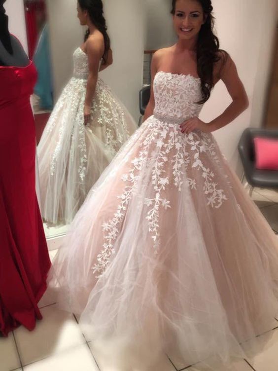 Ball Gown Strapless Sleeveless Court Train Applique Tulle Wedding prom Dresses cg16409