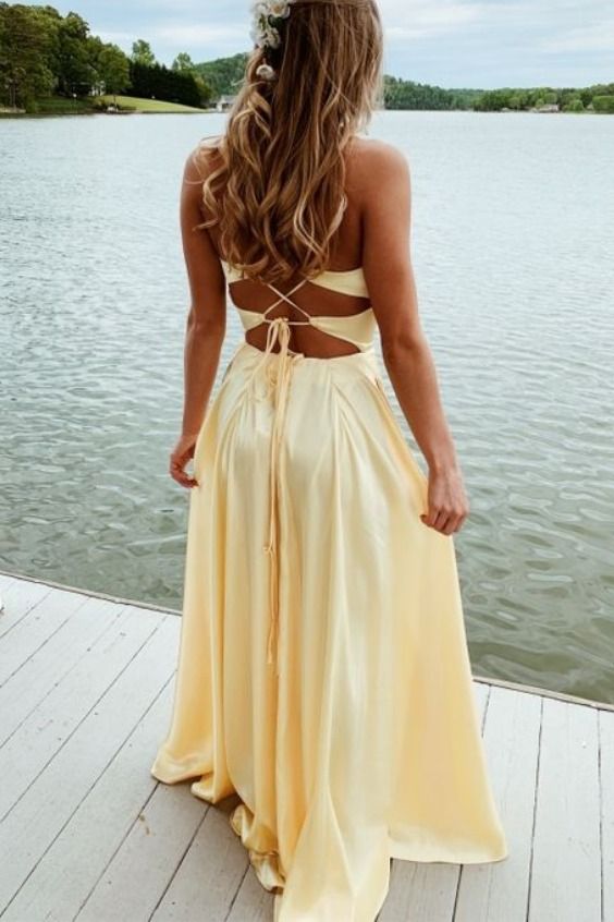 Pastel Yellow with Strappy Back A-line Prom Dress cg16410