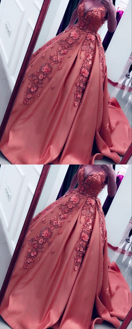 Pfirsich Brautkleider Satin V-Ausschnitt Ballkleider Spitze Blumen Stickerei Ballkleider 2021 cg16415