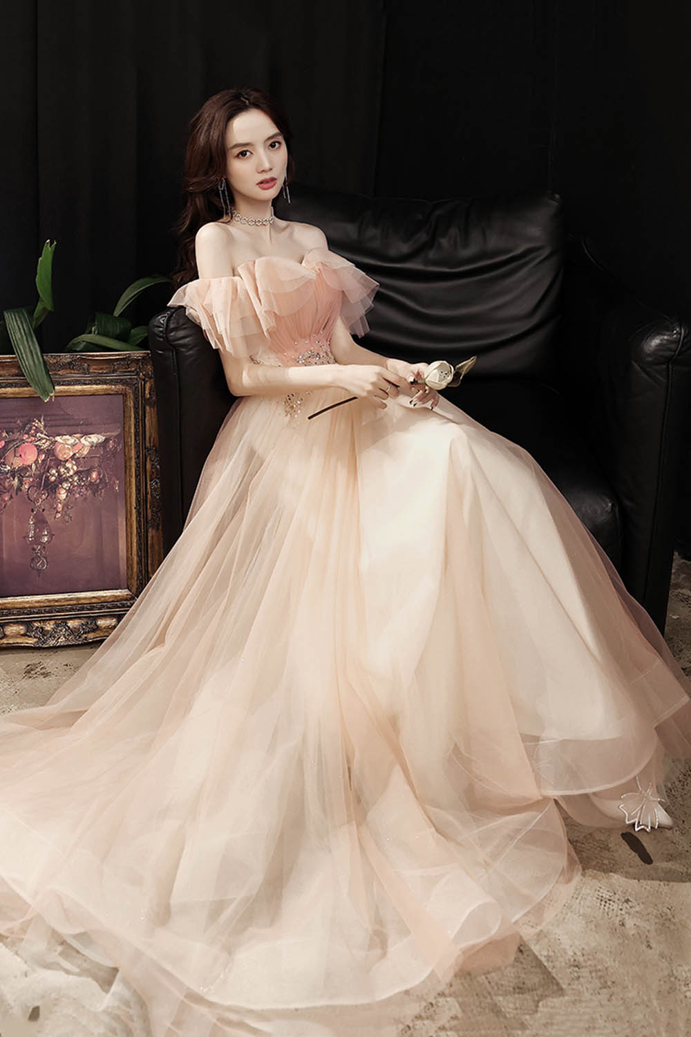 PINK TULLE SEQUINS LONG PROM DRESS EVENING DRESS cg16424