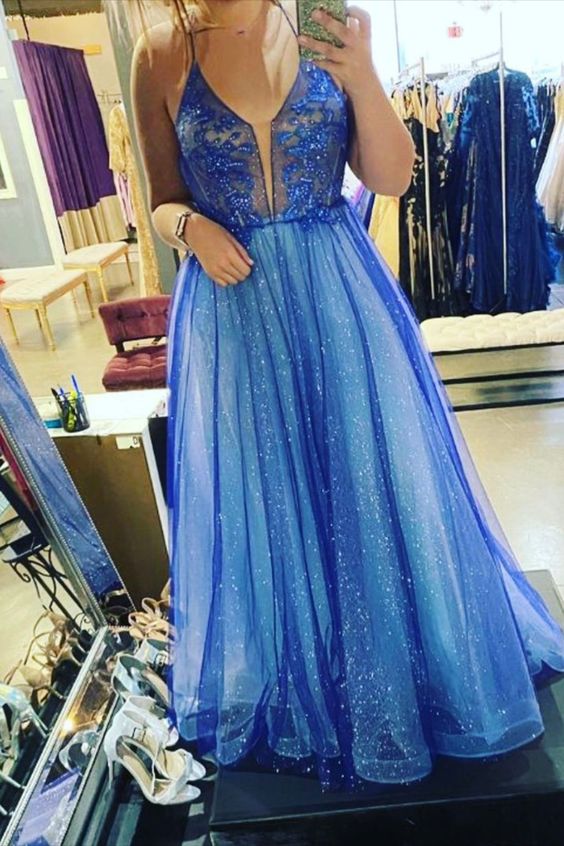 straps royal blue A-line long prom dress formal dress cg16428