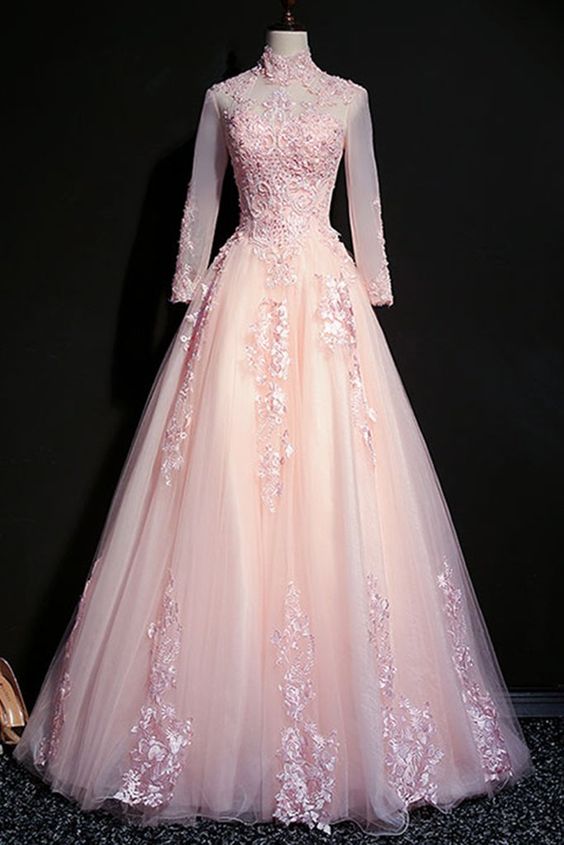 Pink tulle beaded long lace applique formal prom dress, evening dress with sleeve cg16436