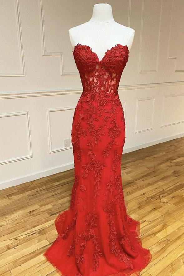 Red mermaid lace long prom dress evening dress cg16443