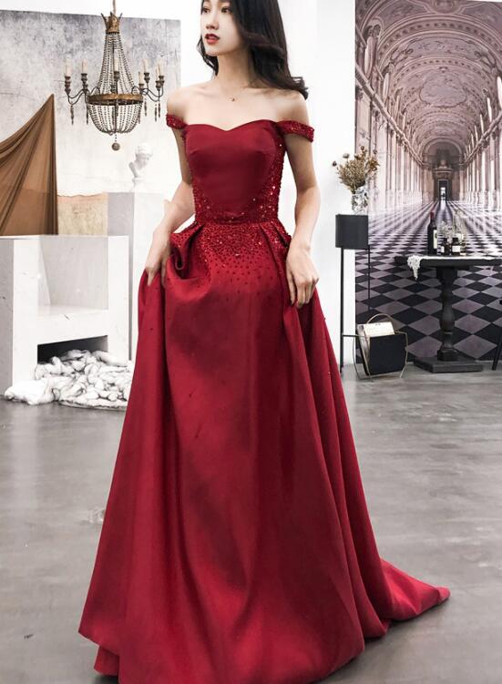 Burgundy Satin Long Sweetheart Beaded Evening Dress, Wine Red Prom Dress cg16445