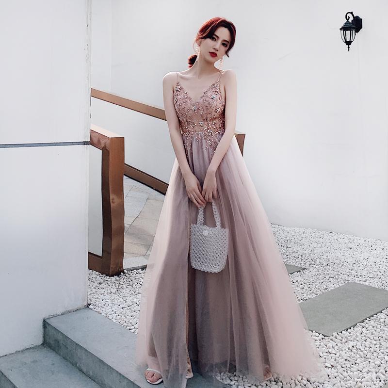 Pink Beaded High Slit Spaghetti Straps Long Junior Prom Dress, V Back Party Dress cg16446