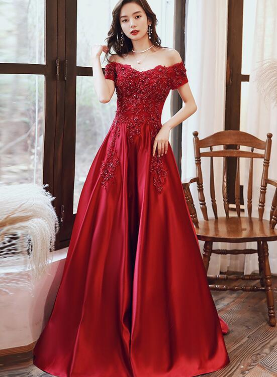 Red Satin Short Sleeves With Lace Applique A Line Formal prom Dress, Red Evening Gown Party Dress cg16447