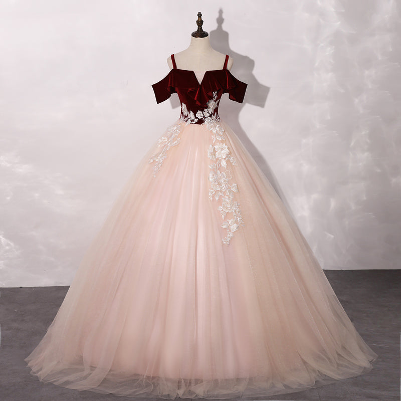 PINK LONG BALL GOWN PROM DRESS WITH LACE FORMAL DRESS cg16451