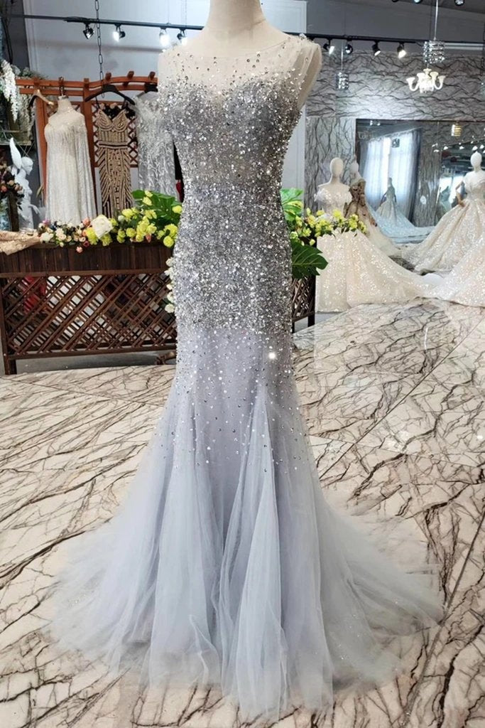 Gorgeous Mermaid Backless Silver Grey Sequins Prom Dress, Mermaid Silver Grey Formal Dress, Shiny Silver Grey Evening Dress cg16455