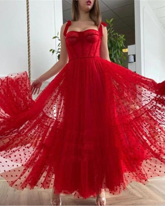 Red Polka Dots Tulle A Line Evening Dress ,Spaghetti Straps Prom Dresses cg16478
