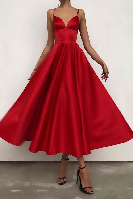 Simple V Neck Satin Burgundy Tea Length Prom/Evening Dresses cg16481