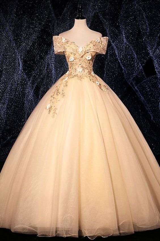 Champagne Tulle Lace Applique Off Shoulder Long Sweet 16 Prom Dress, Evening Dresses cg16495
