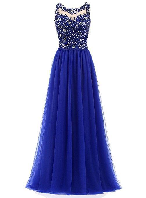 Charming Blue Beaded Tulle Long Party Dress, Round Neckline Prom Dress cg16497